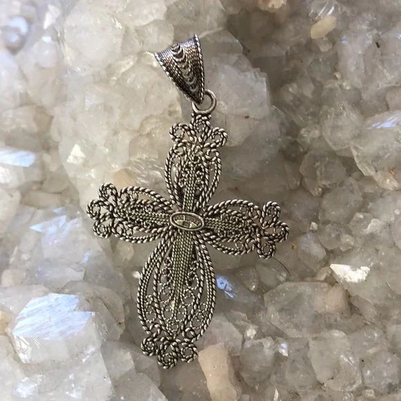 NWOT Ottoman Sterling Silver & Cultured Pearl Cross Pendant Necklace Spiritual
